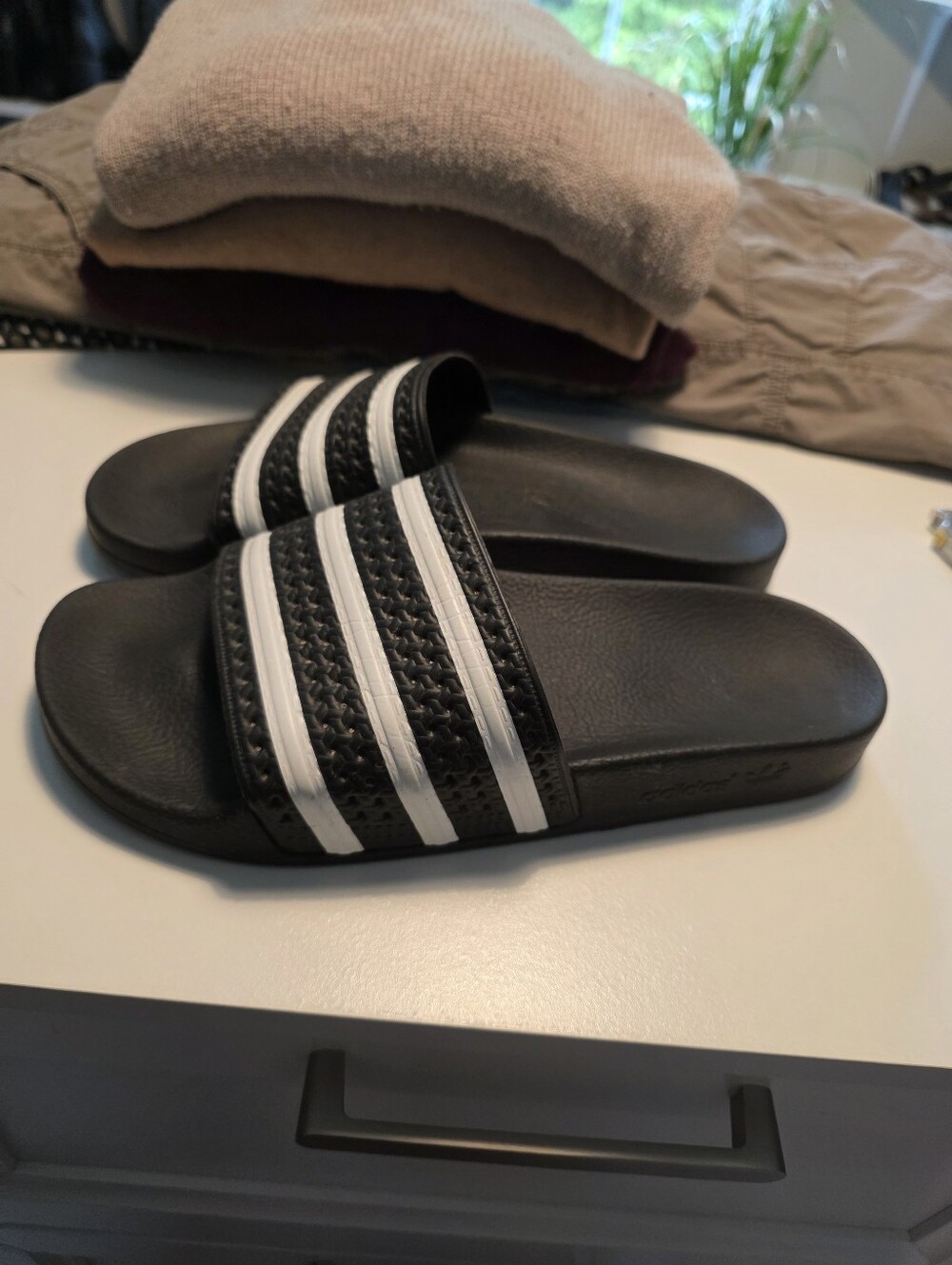 Women's Black Adidas Slide Sandals with White Stripes